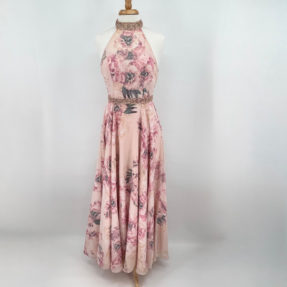 Morilee Prom Dress Pink Floral Beaded Halter Open Back Gown Size 4 99038 - Picture 2 of 16